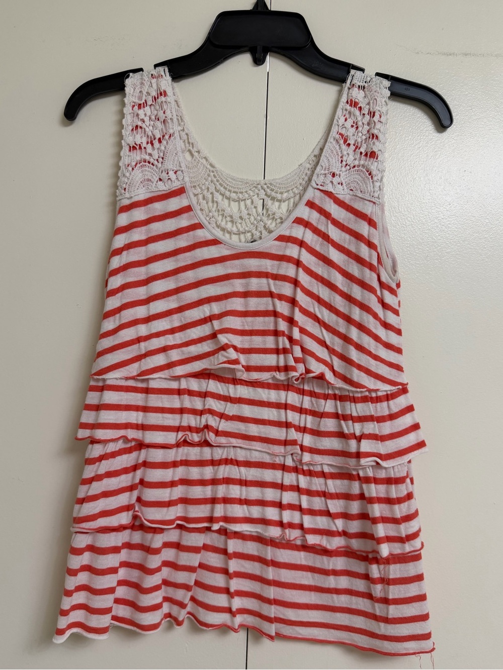 Charlotte Russe Coral and White Striped Crochet-Trim Tiered Tank